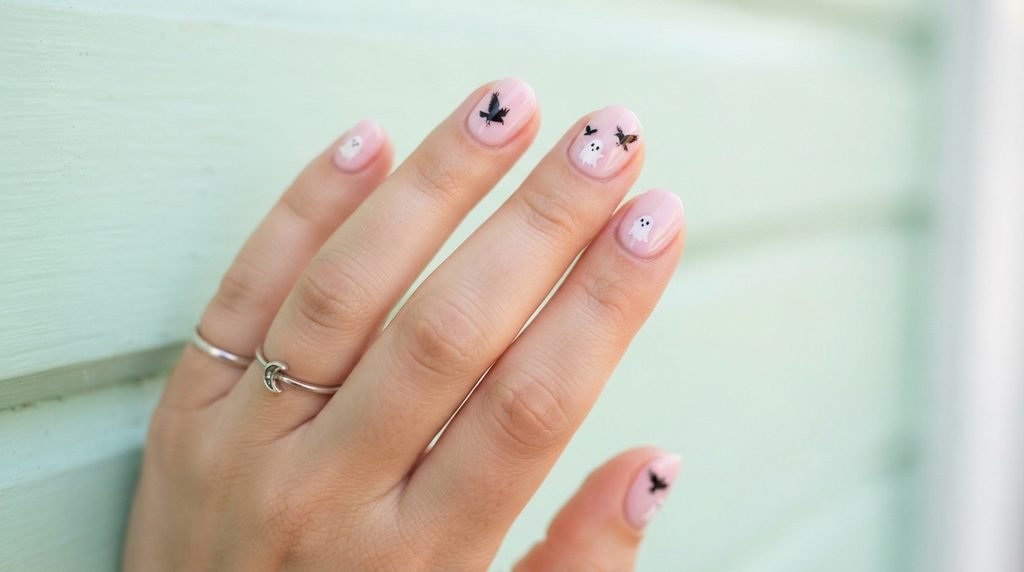 Cute pastel pink nails with tiny black raven and white ghost accents on a white hand.
