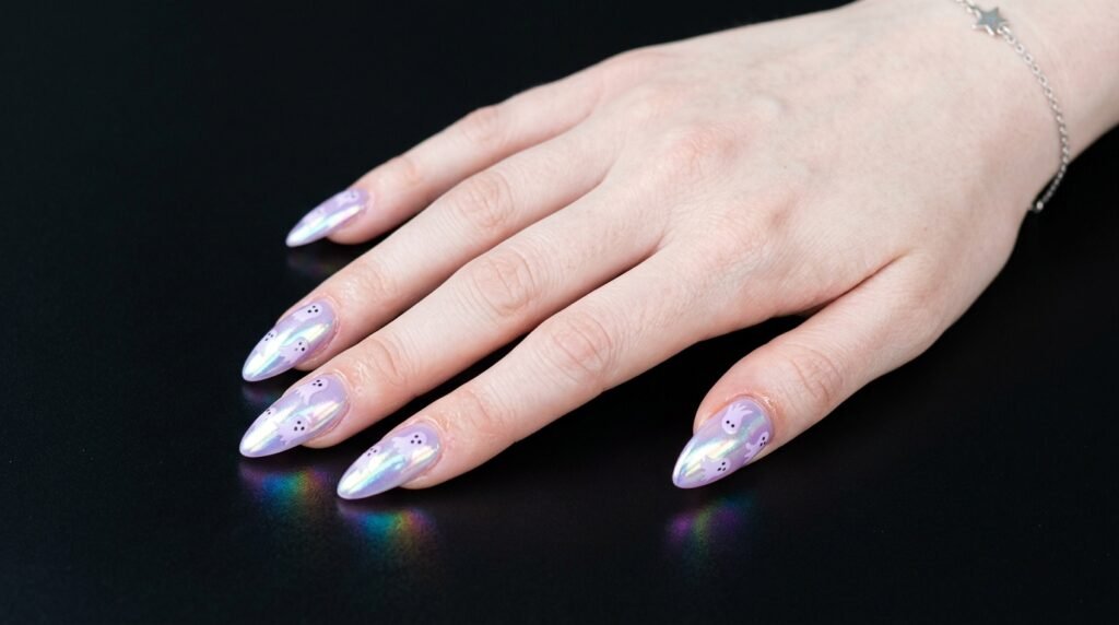 Iridescent chrome pastel purple almond nails with ghost art on an 18-year-old female hand with pale skin.