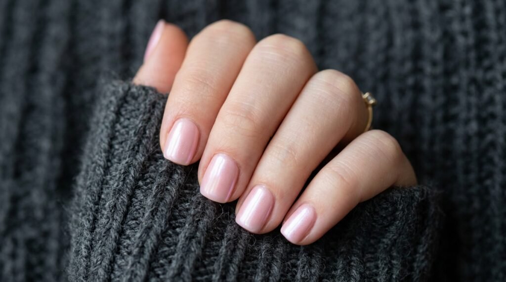 Short square baby pink chrome nails displayed on an 18-year-old female hand with smooth very white skin against a dark gray knit background.