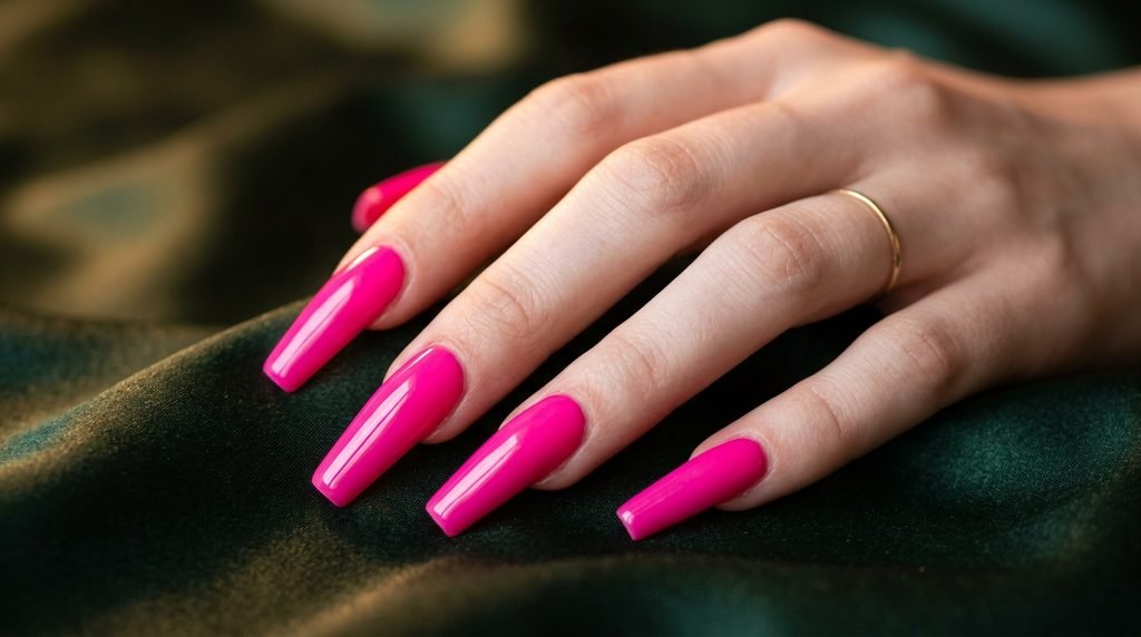Blindingly close-up shot of an 18-year-old female hand with very white skin, showcasing extremely long, precisely coffin-shaped nails with an intensely saturated high-gloss hot pink polish finish, posed against a luxurious dark pine green silk background.