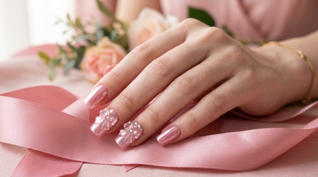 Soft pink chrome nails with raised clear 3D bow art on an 18-year-old white female hand.