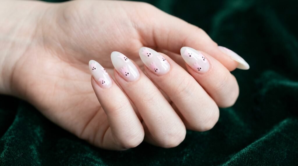 Translucent milky white almond nails featuring pastel pink ghost art on a pale female hand