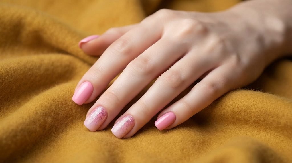 Close-up photograph of an 18-year-old female hand with smooth, very white skin, displaying practical short, squoval nails with neat bubblegum pink cream and simple pink glitter gradient finishes, posed against a soft mustard yellow cashmere background.