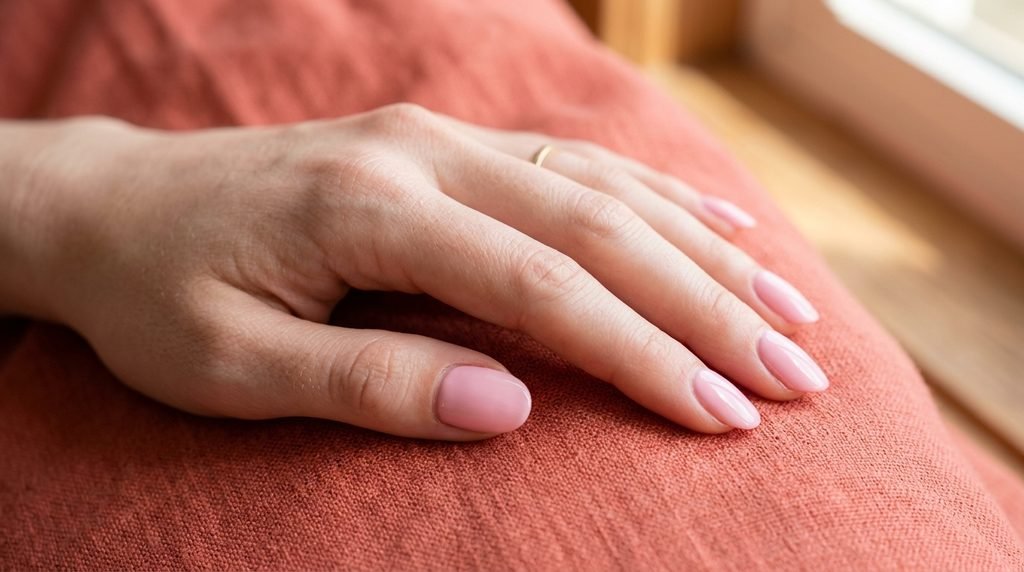 Close-up photograph of an 18-year-old female hand with smooth, very white skin, featuring medium-length round nails with a flawless, soft baby pink cream finish, posed against a rich coral linen background.