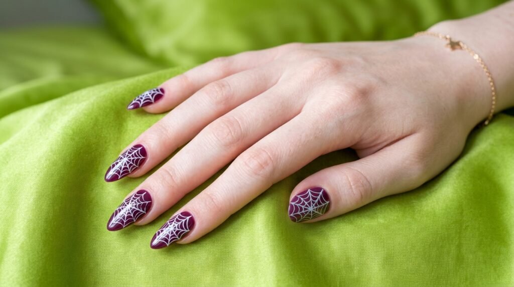 Long almond acrylic nails on a white skin hand with deep plum polish and white spiderweb designs.