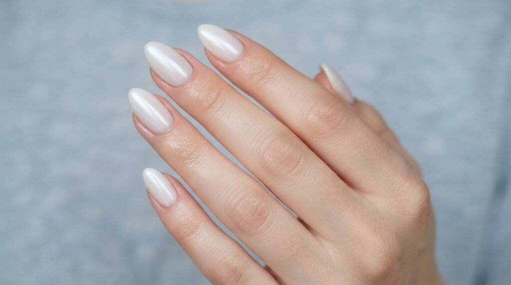 Close-up of a healthy, smooth milky white glazed thumb nail highlighting natural nail health.