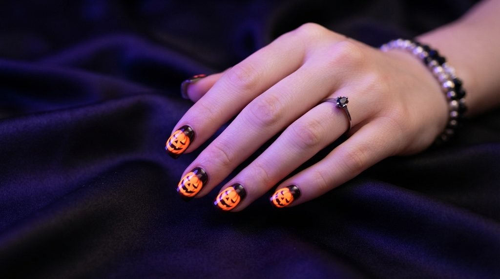 Square nails featuring bright glowing orange pumpkin faces with black cutout details on dark silk
