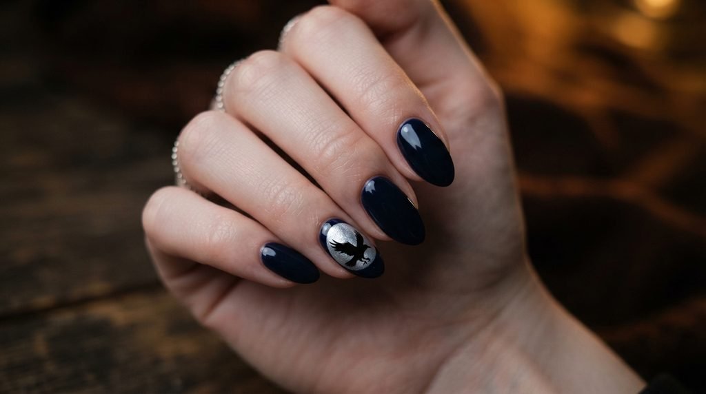 Navy almond nails featuring a silver moon and flying raven silhouette on a white hand.