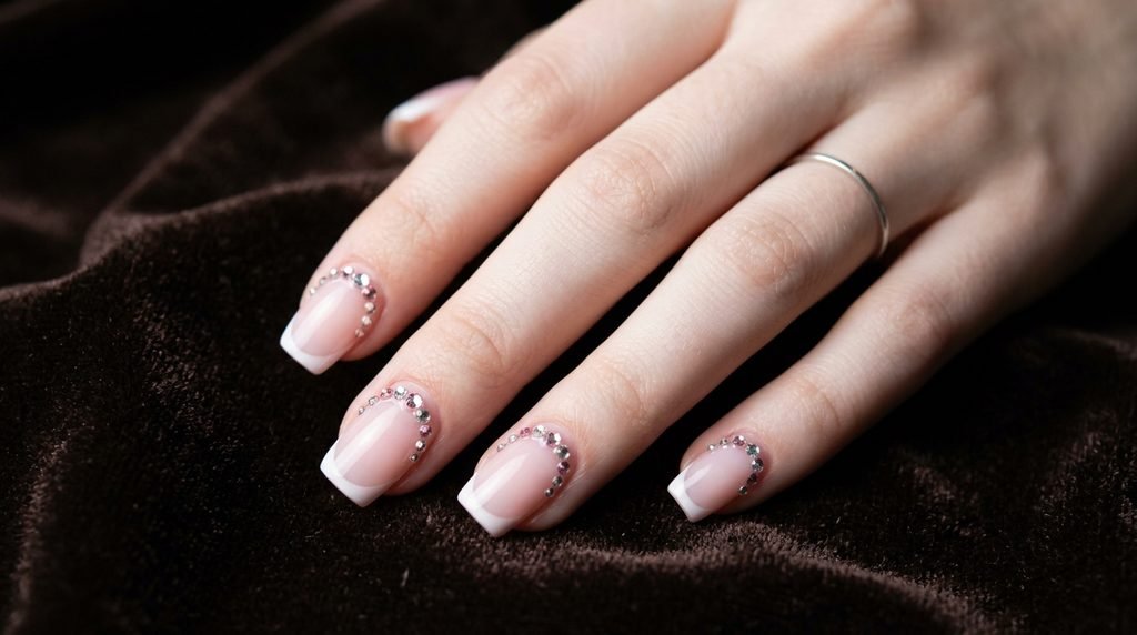 Close-up photograph of an 18-year-old female hand with smooth, very white skin, featuring medium-length squoval nails with pink French tips and precise tiny clear and pink rhinestones tracing the smile lines, posed against a luxurious dark espresso velvet background.