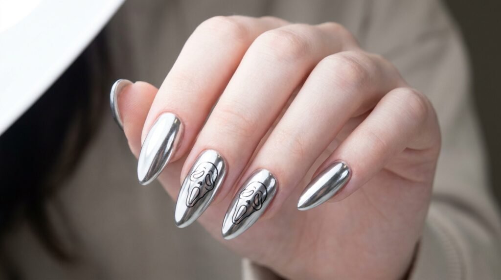 Silver chrome almond nails with black ghost mask art on a young white female hand.