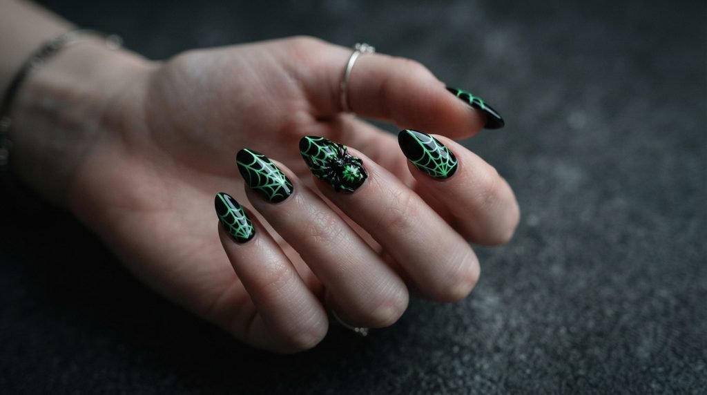 Black almond nails with glowing green webs and a raised 3D spider on dark charcoal background.
