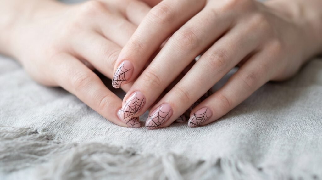 Very white female hand with smooth skin displaying almond nails painted with fine black spiderweb lines.