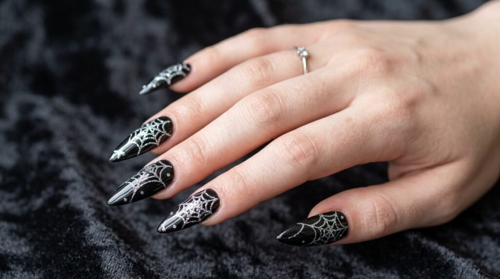 Silver glitter spiderweb patterns painted over glossy black stiletto nails.