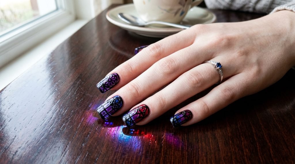 Close-up of square-shaped gothic window nails with black outlines and transparent jewel tones on an 18-year-old female hand with very white skin against a dark wood table.
