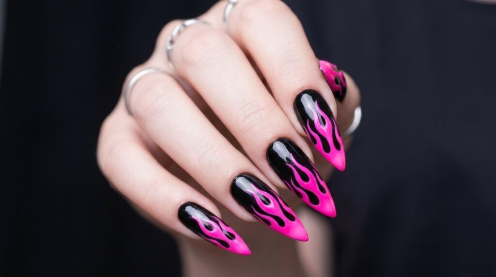 Female hand with white skin showing hot pink flame nail art on stiletto nails.