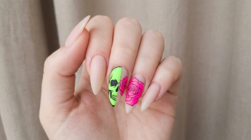 Stiletto nails featuring split face neon skull and pink rose artwork on white female hand.