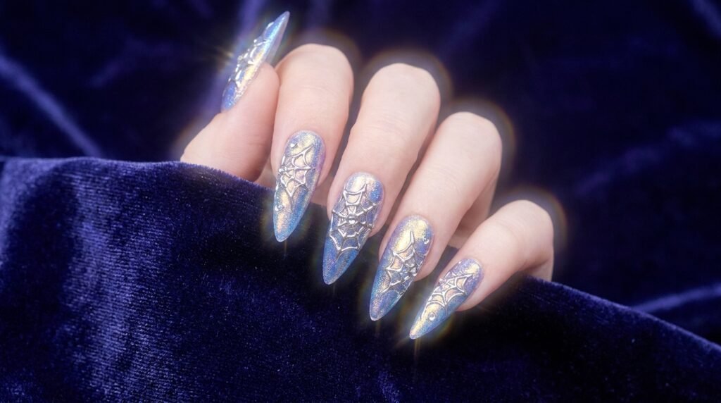 Long stiletto nails with 3D silver chrome spiderwebs over iridescent aura polish on white hand.