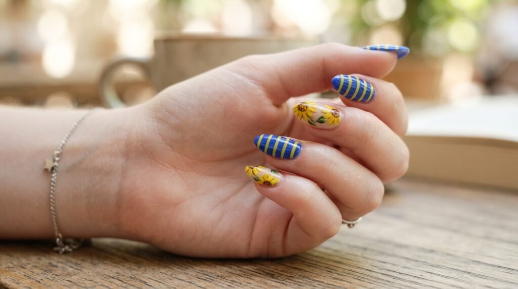 Matte blue almond nails featuring alternating patterns of yellow horizontal bars and full yellow sunflowers.