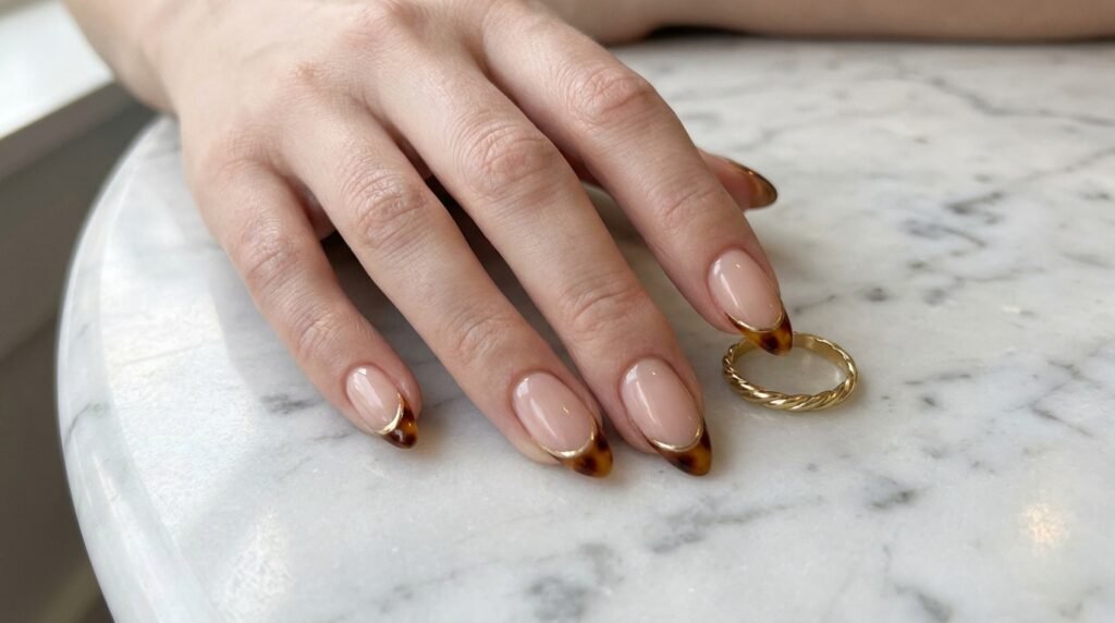 Nude nails with thin tortoiseshell French tips outlined in chrome gold on a white marble surface.