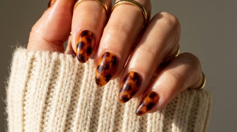 Medium almond nails painted in a glossy, translucent amber and brown tortoiseshell pattern resting on a cream sweater.