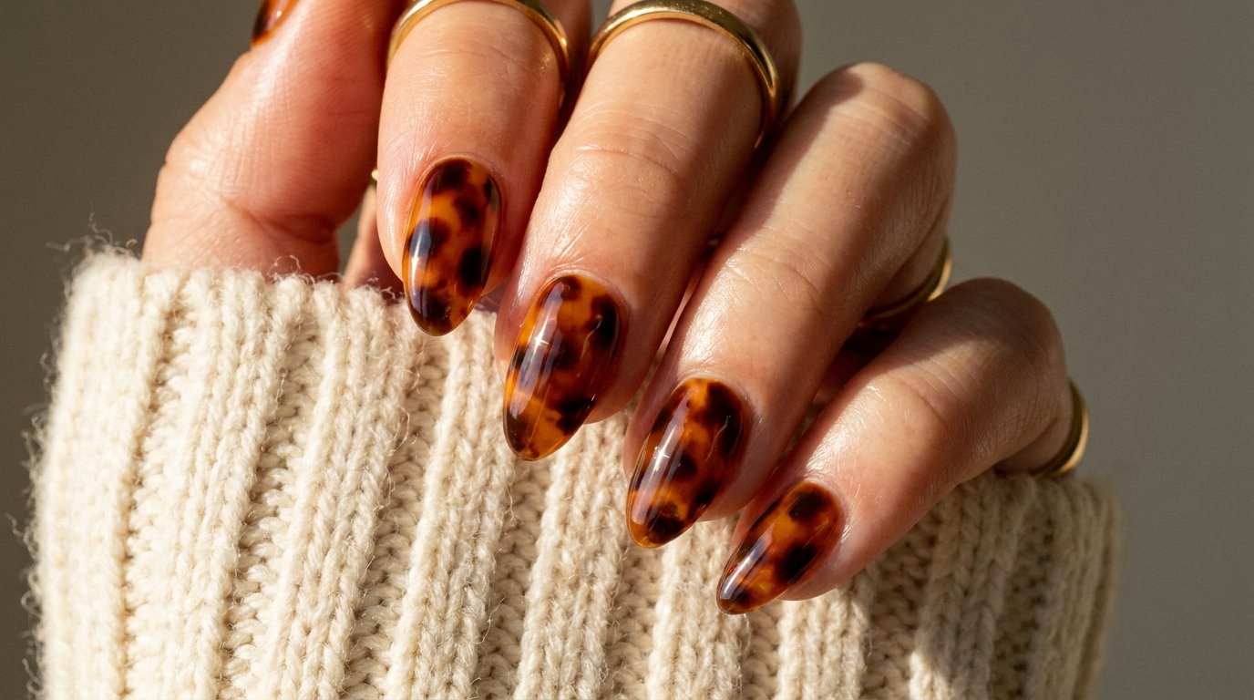 Medium almond nails painted in a glossy, translucent amber and brown tortoiseshell pattern resting on a cream sweater.