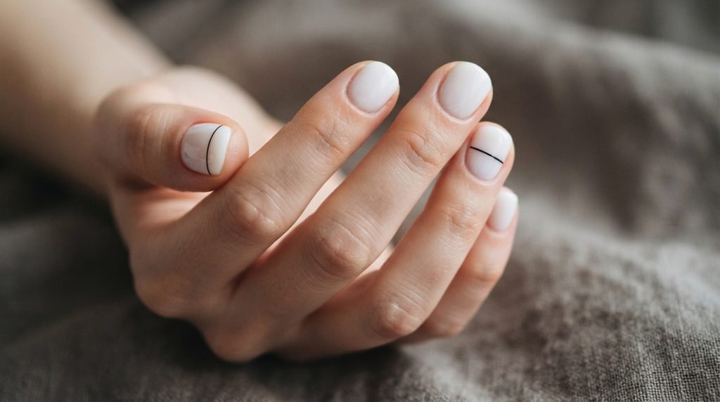 An intimate close-up photograph of short round nails with milky white base and incredibly thin black horizontal micro lines, against a blurred warm grey linen background.