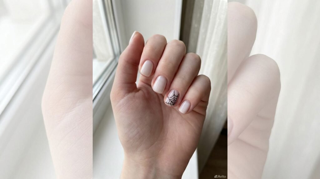 Short white natural nails with tiny corner spiderweb designs on smooth very white female hand.