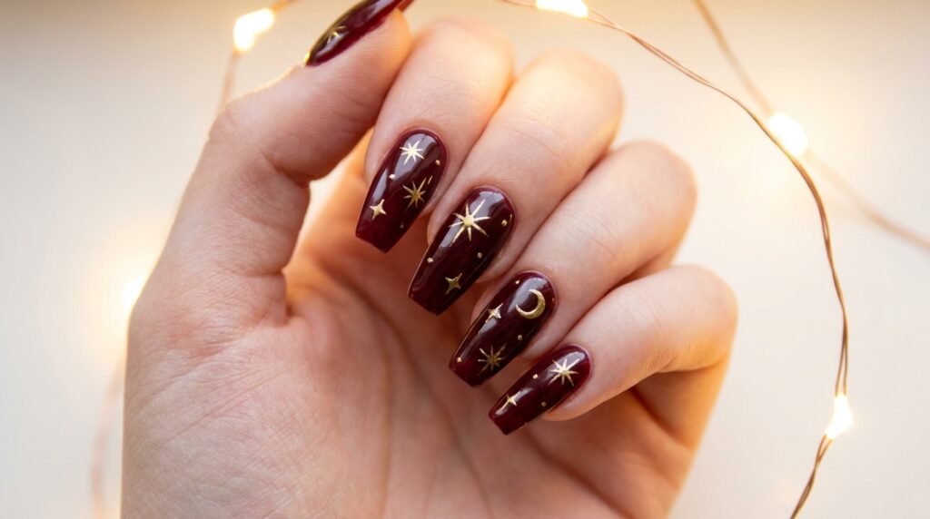 Dark wine coffin nails decorated with delicate hand-painted gold stars and moons.