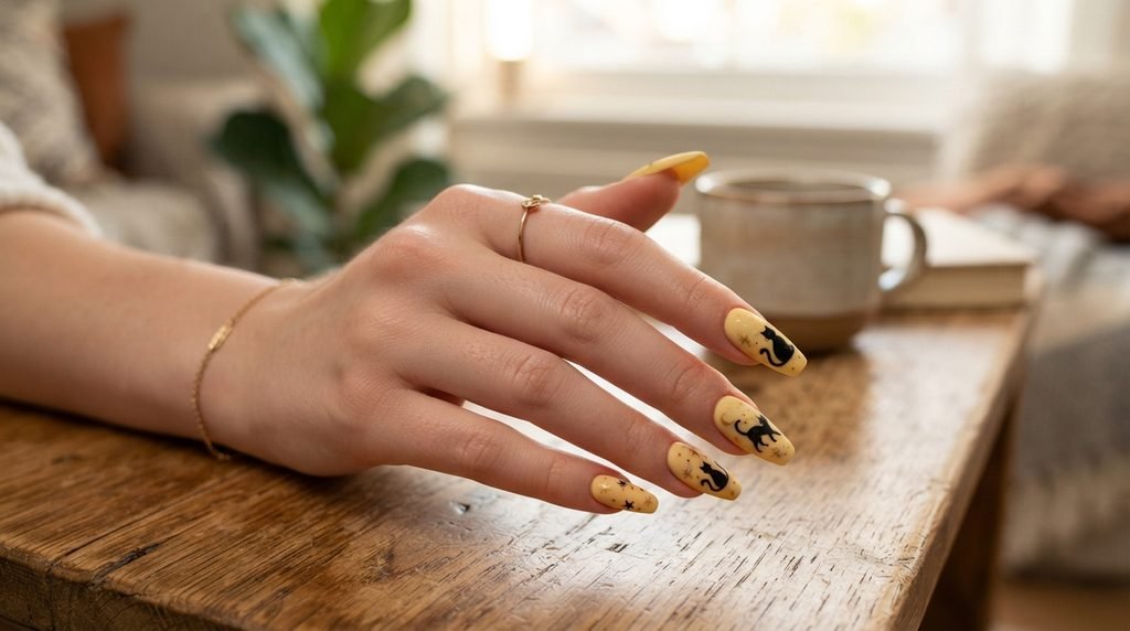 Long coffin nails featuring black cat silhouette art and matte yellow base.