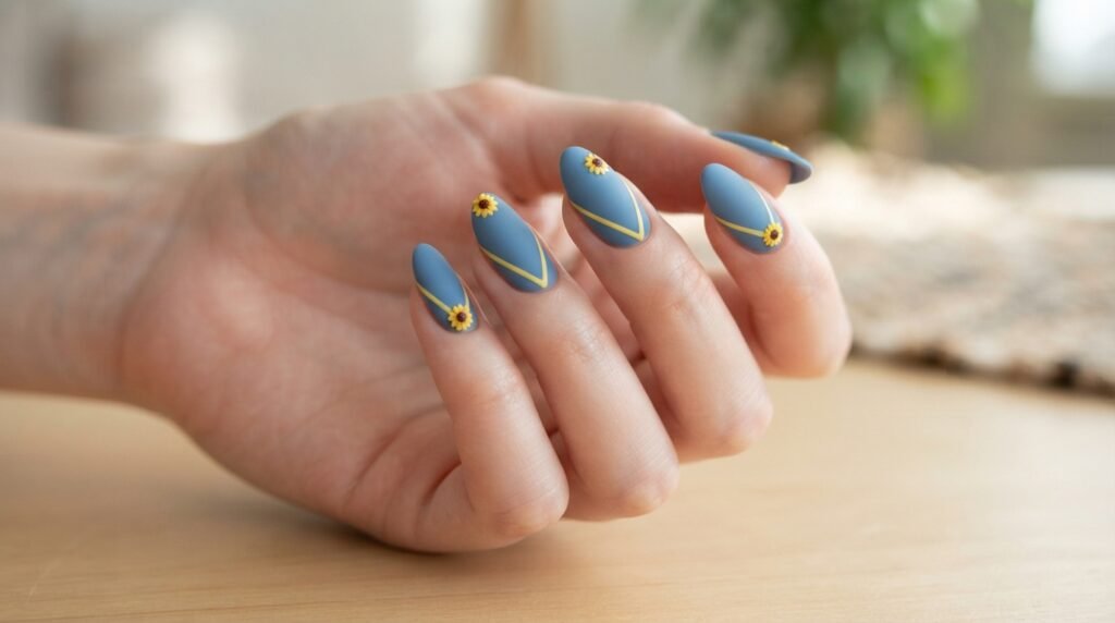 Slim almond nails with yellow downward chevron lines and small sunflower accents over matte blue.
