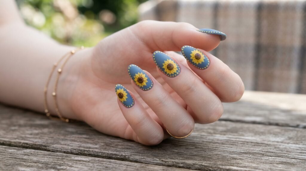 Medium almond nails featuring a yellow polka dot frame around a central sunflower art over matte cobalt blue.