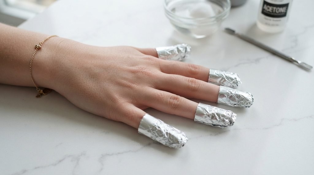 An 18-year-old white female hand with fingers wrapped in silver foil on a white stone surface.