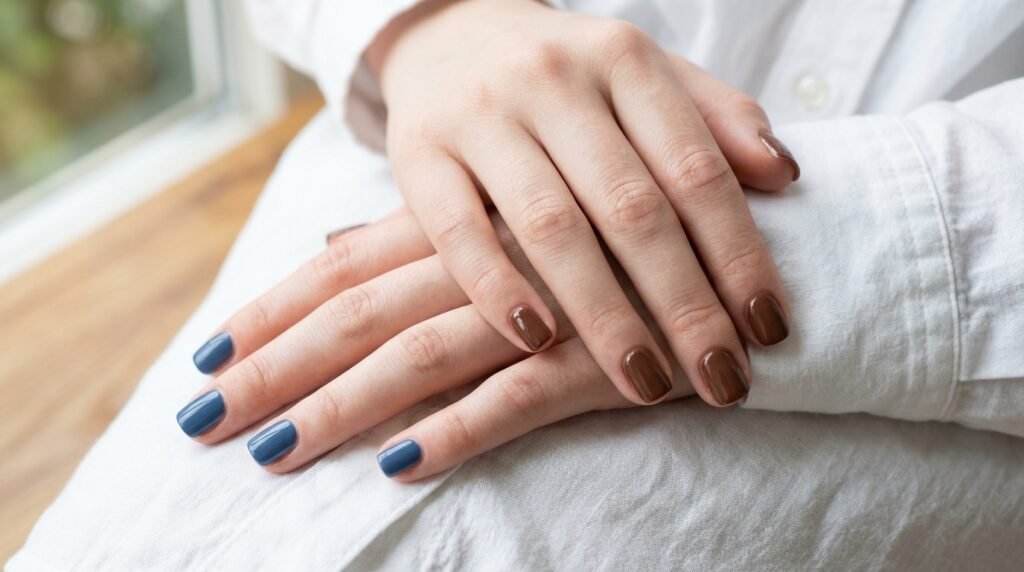 Two short-squared manicured hands with very white skin showing one hand blue and one hand chocolate brown.