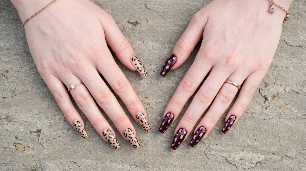 Two female hands with white skin displaying split-color leopard print coffin nails side by side.