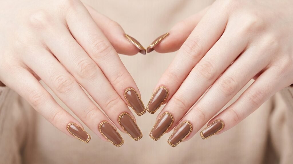 Two 18-year-old female hands with very white skin forming a heart with milk chocolate coffin nails featuring gold chains.