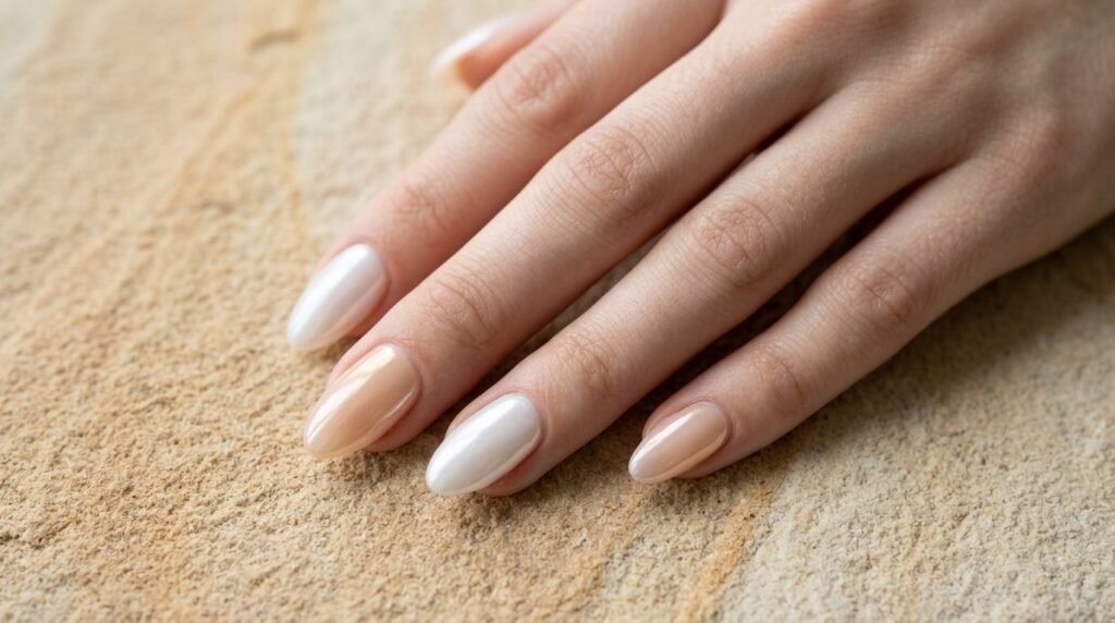 Close-up of fingers displaying the visual difference between cool milky white and warm sheer nude glazes on almond nails.