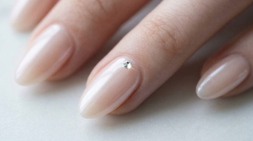 Tight macro photograph of a milky glazed almond nail featuring a small micro-crystal accent near the cuticle.