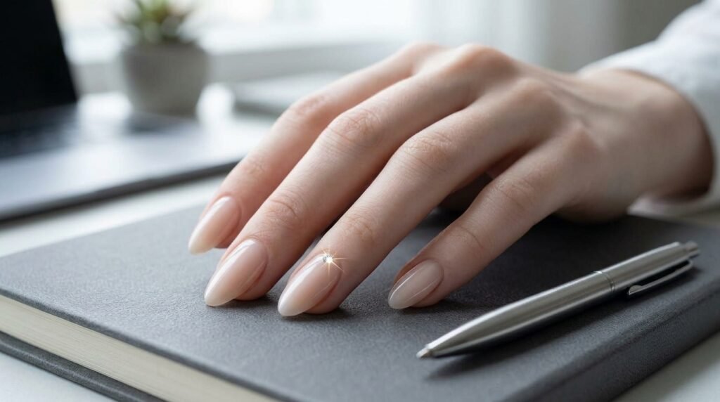 Female hand with understated milky nude glazed almond nails resting on a grey corporate notebook.