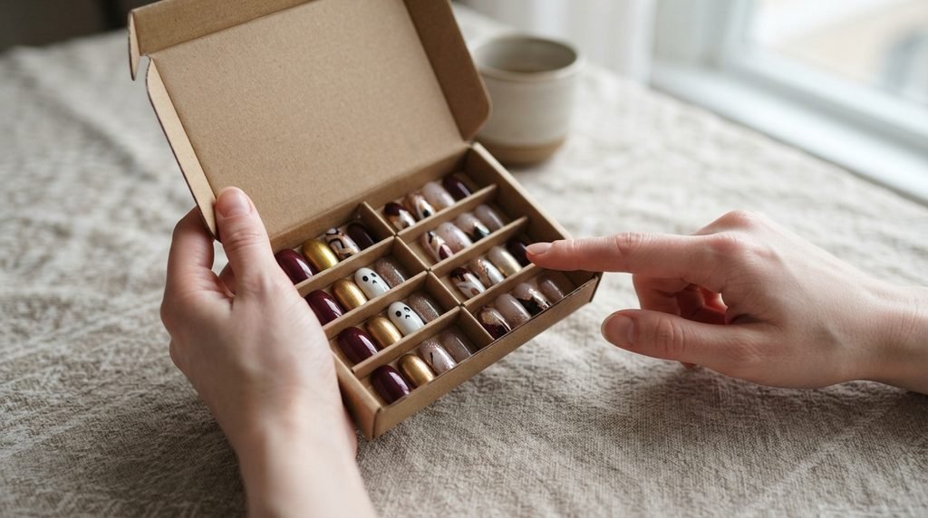 A photorealistic close-up of two female hands with very white skin. One hand holds an unbranded, segmented box containing a complete set of custom hand-painted press-on nails matching the featured design. Natural aesthetic on a linen surface.