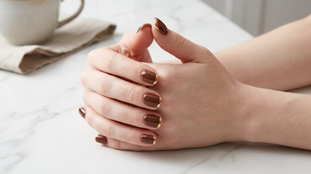 Two 18-year-old female hands with very white skin showing short square nails with brown french tips and gold lines.