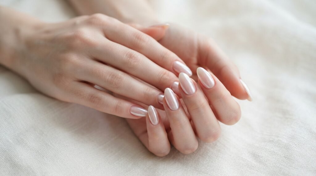 Close-up of delicate hands with perfectly sculpted almond nails featuring a luminous milky glazed finish against white fabric.