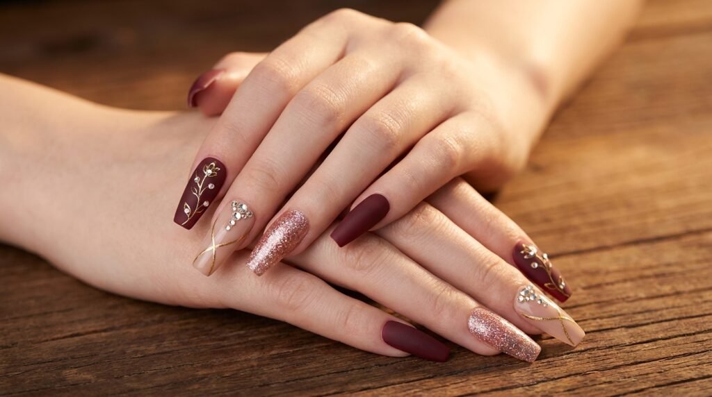 A close-up view of a woman's fair hand showing styled burgundy coffin nails with gold embellishments resting on table