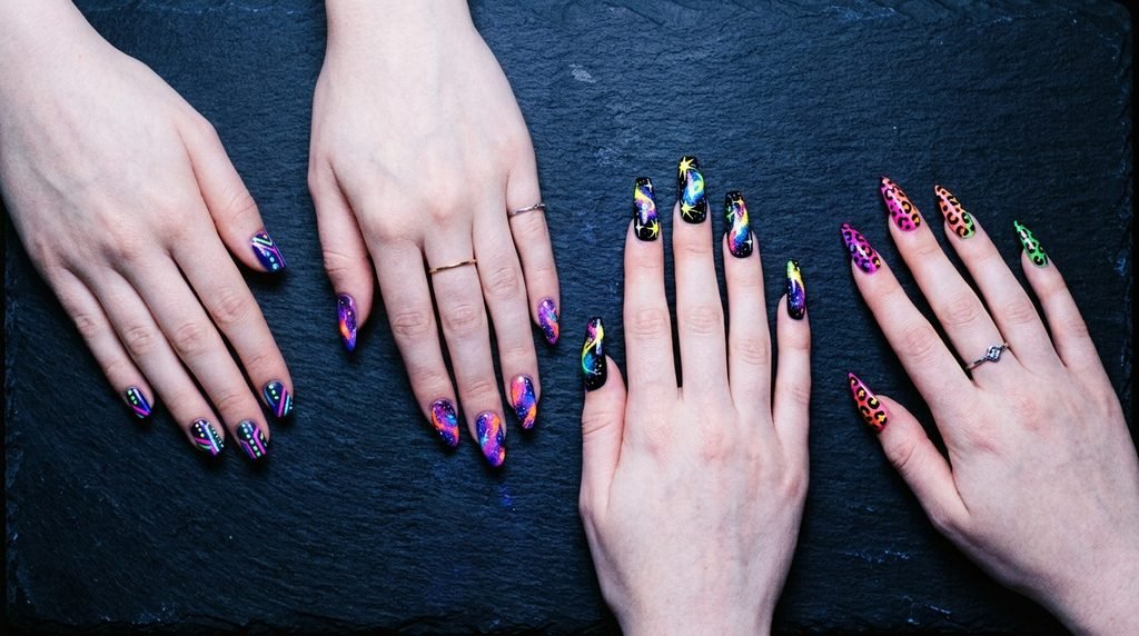 Four hands with very white skin displaying glowing UV nail art across short square, almond, coffin, and stiletto shapes.