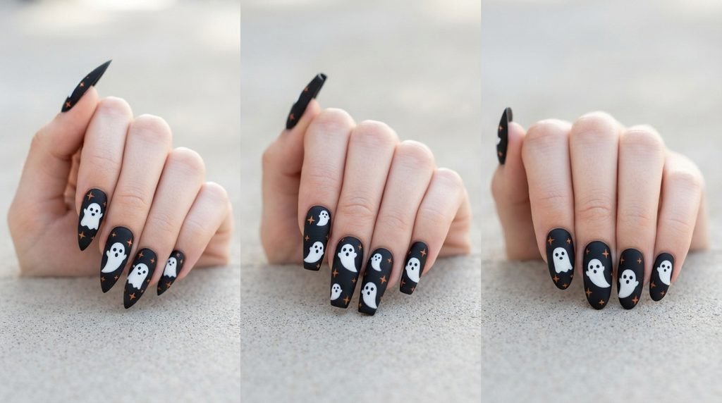 A close-up view of long stiletto, coffin, and almond-shaped nails with matte black polish and ghost art on a female hand with very white skin