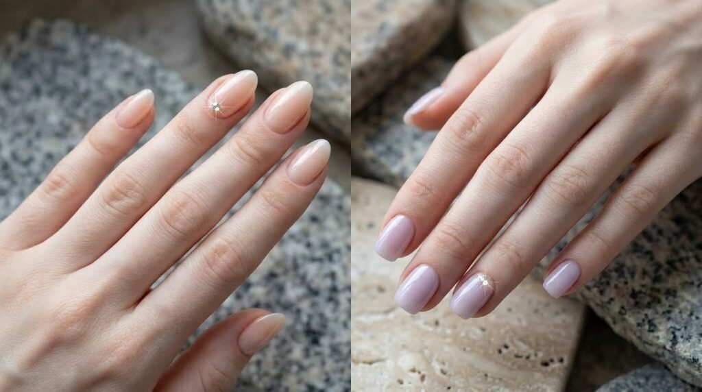 Comparison of two hands showing short oval peach glazed nails next to short squoval lavender glazed nails.
