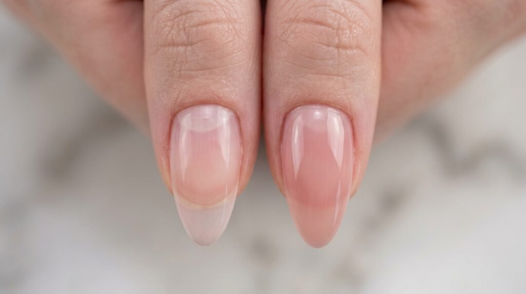 Side-by-side comparison of one thin polish coat versus three built-up sheer layers on almond nails.