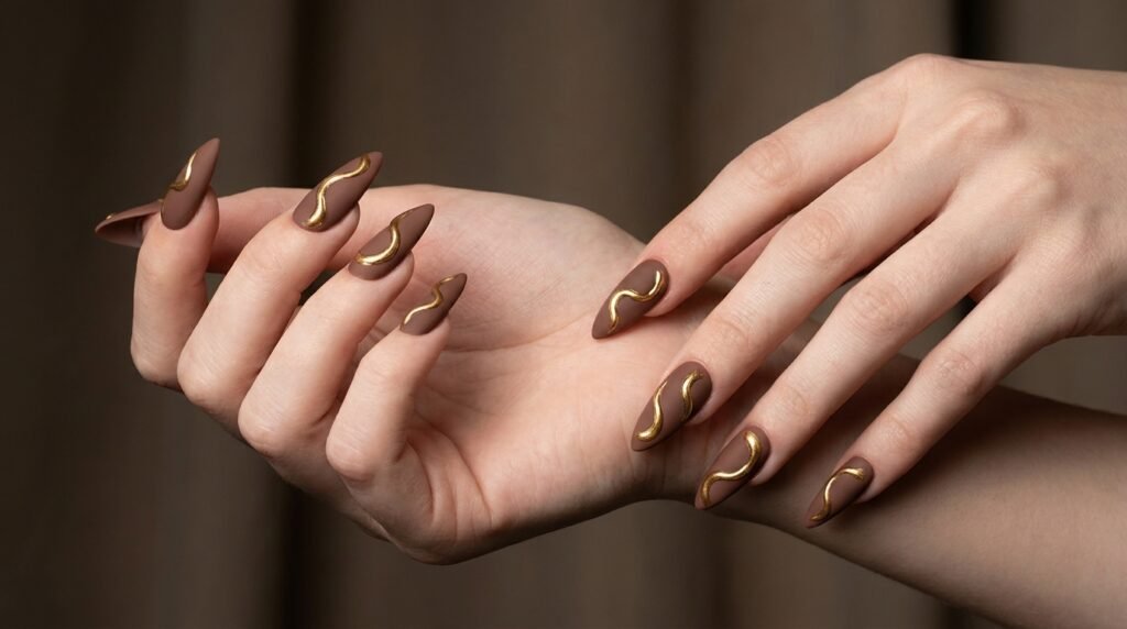 Female hands age 18 with very white skin showcasing matte cocoa stiletto nails decorated with 3D gold swirl art.