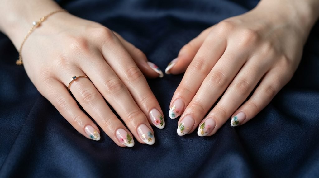 Two female hands with white skin demonstrating high-gloss mismatched floral French nails over dark navy satin.