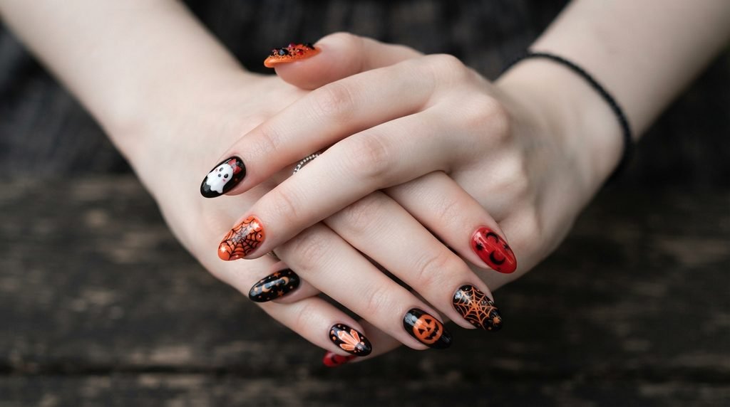 Two interlocked hands of an 18-year-old female with very white skin displaying mismatched cute Halloween nail art.