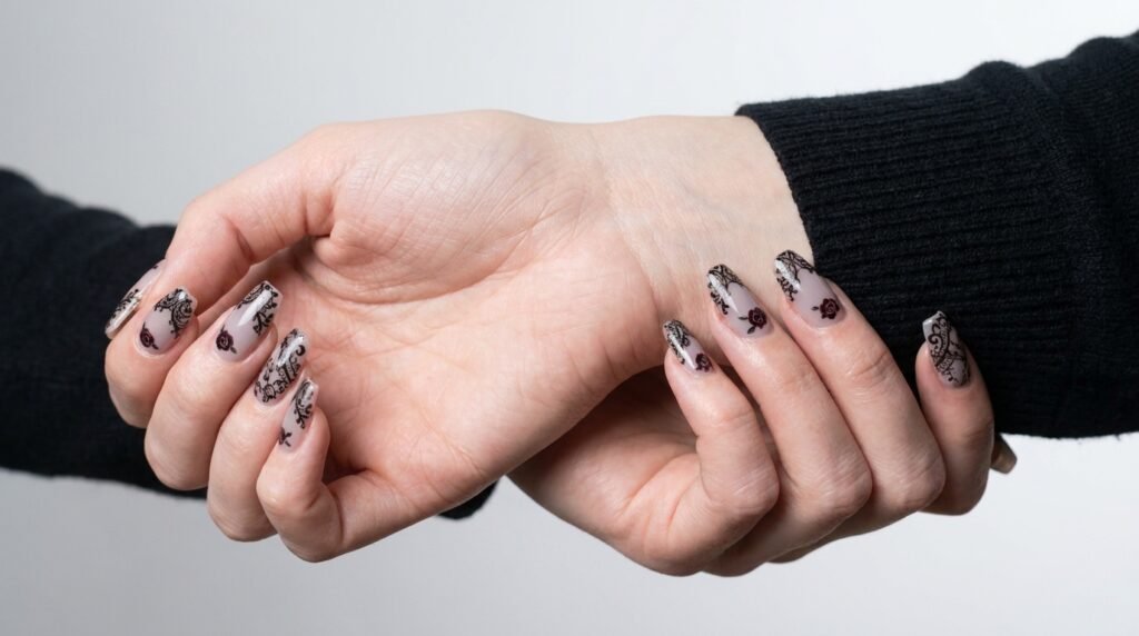 One female hand cupping a wrist to highlight black Victorian lace nail art on coffin nails.
